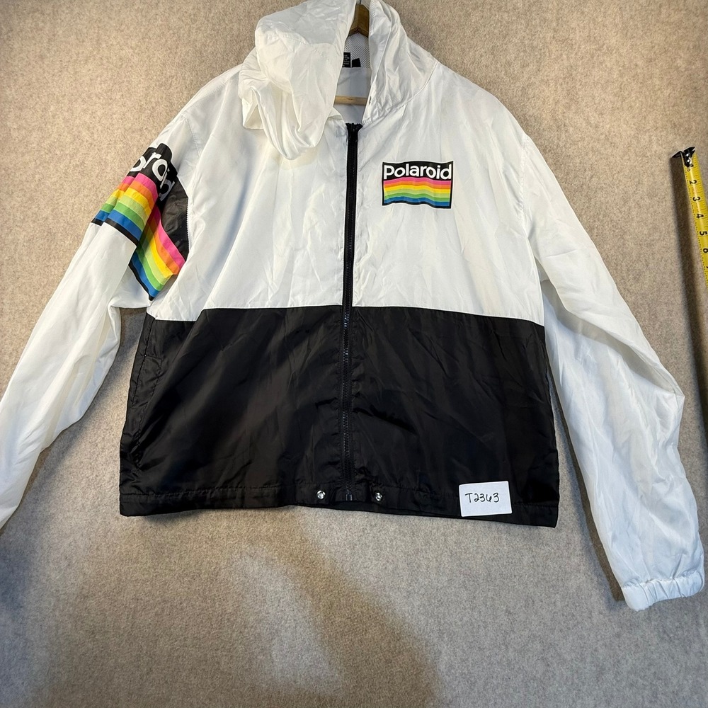 Polaroid Windbreaker Jacket XL White Black Rainbow Logo Colorblock Full Zip Hood